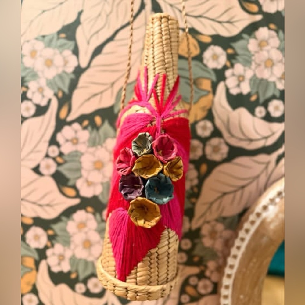 Handcrafted Woven Wine Tote with Pink and Multicolor Accents